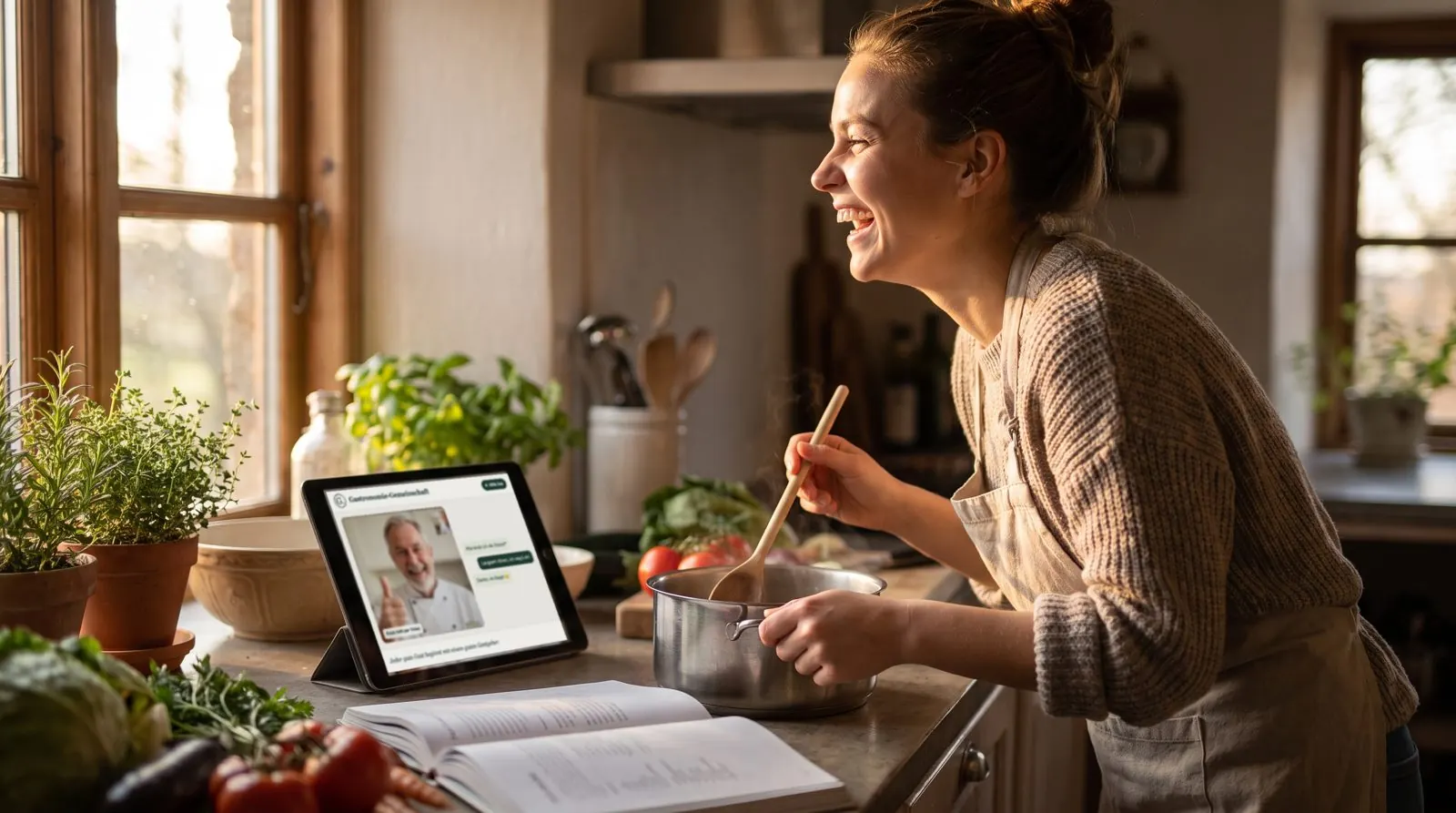 KI-Symbolbild: Eine junge Frau kocht lachend zu Hause; auf dem Tablet zeigt die Seite „Gastronomie-Gemeinschaft“ einen Koch per Videoanruf mit Daumen hoch
